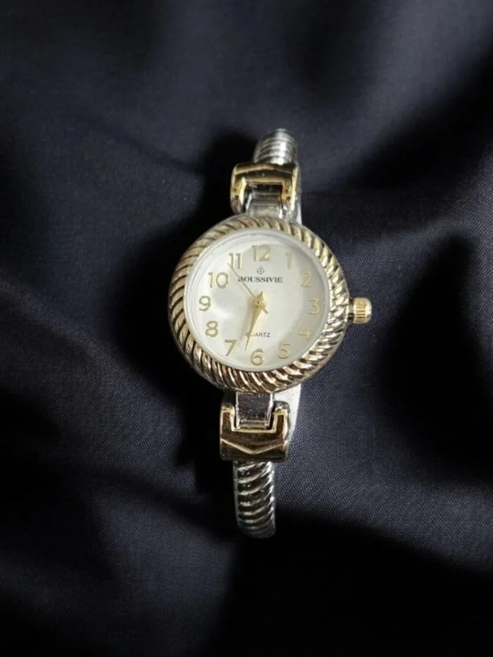 BOUSSIVIE Silver and Goldtone Ladies Hinged Clamper Quartz Cuff Bracelet Watch